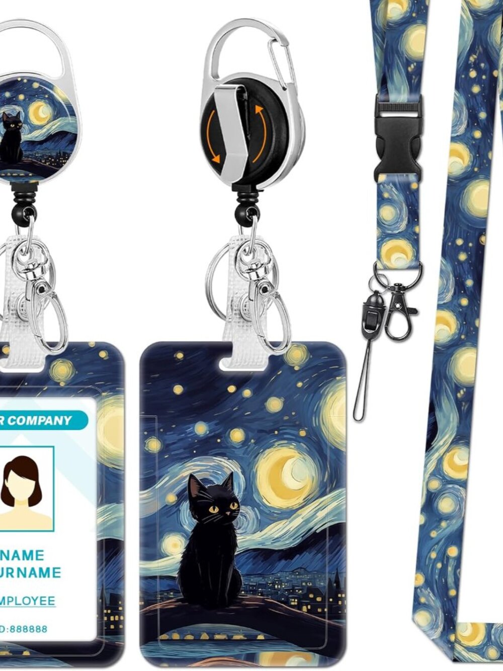 Starry Night Black Cat Lanyards for Id Badge Retractable Reel Clip
